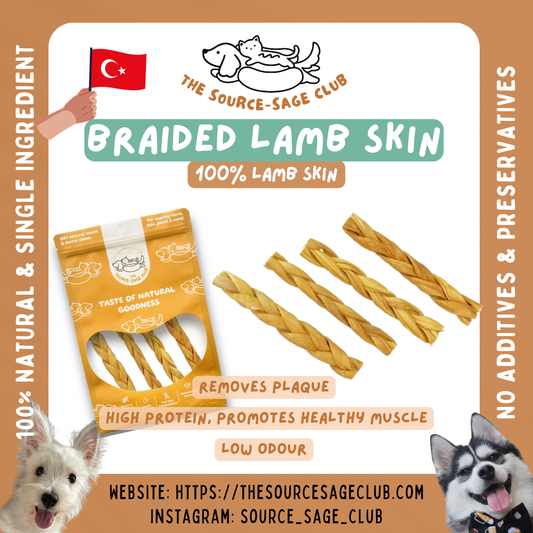 Air Dried Braided Lamb Skin 100g (single ingredient dog treats, dog dental chew)