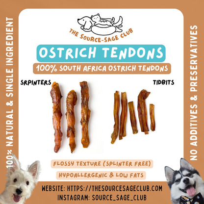 Ostrich Tendon Sprinter and Tidbits (single ingredient dog treats, dog dental chew)