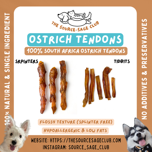 Ostrich Tendon Sprinter and Tidbits (single ingredient dog treats, dog dental chew)