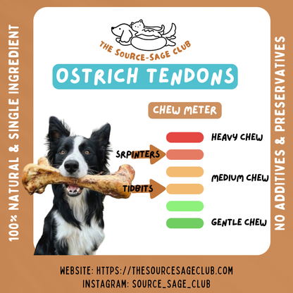 Ostrich Tendon Sprinter and Tidbits (single ingredient dog treats, dog dental chew)