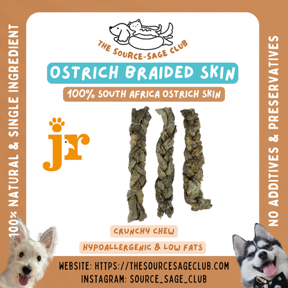 Air Dried Braided Ostrich Skin 3pcs (single ingredient dog treats, dog dental chew)