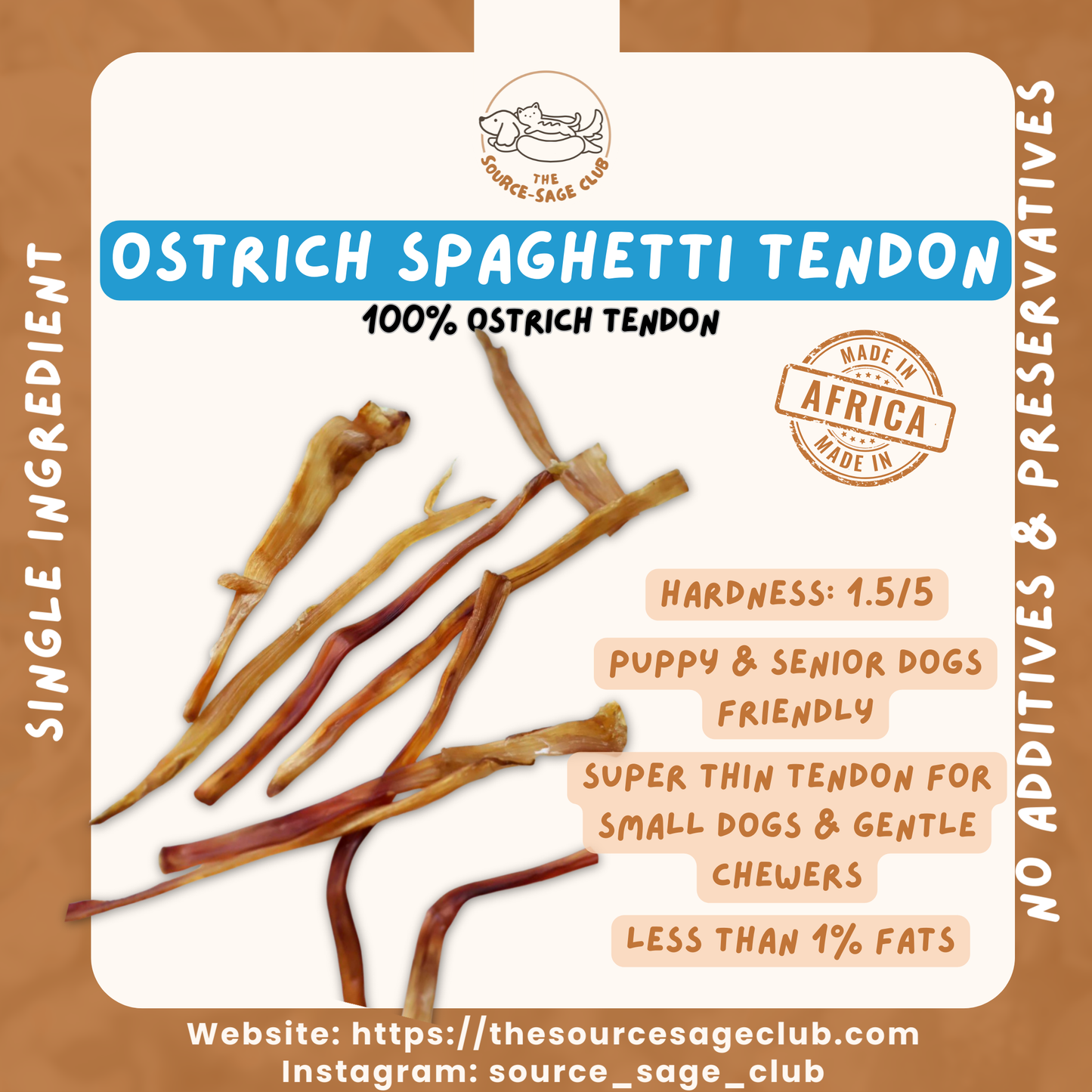 Ostrich Spaghetti Thin Tendon (single ingredient dog treats, dog dental chew)