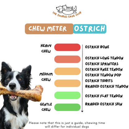 Ostrich Tendon Sprinter and Tidbits (single ingredient dog treats, dog dental chew)