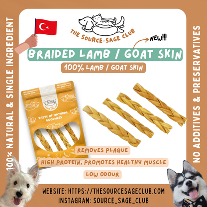 Air Dried Braided Lamb or Goat Skin 100g (single ingredient dog treats, dog dental chew)