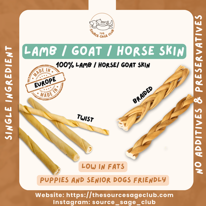 Air Dried Lamb, Goat, Horse Skin (Twist or Braided lamb) (single ingredient dog treats, dog dental chew)