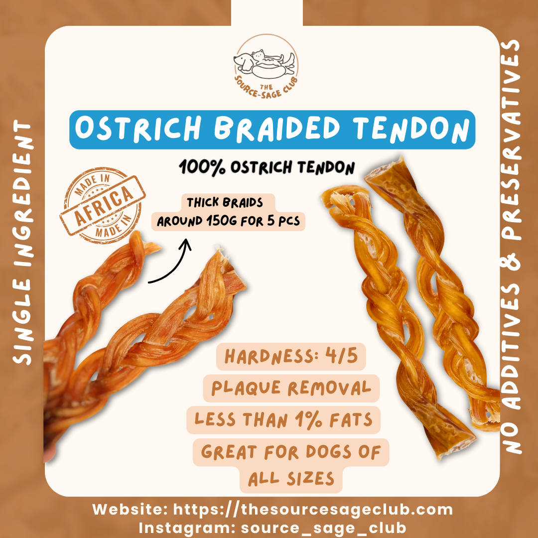 Air Dried Braided Ostrich Tendon (single ingredient dog treats, dog dental chew)