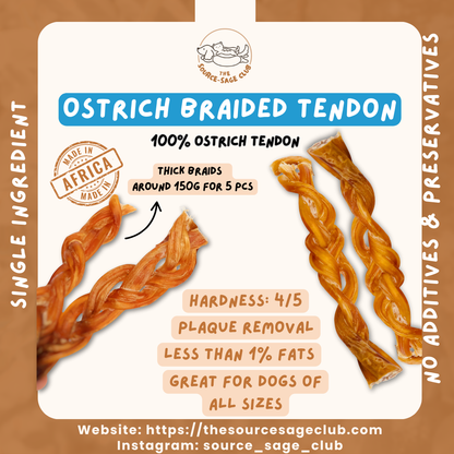 Air Dried Braided Ostrich Tendon (single ingredient dog treats, dog dental chew)