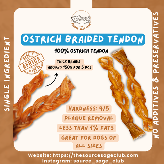 Air Dried Braided Ostrich Tendon (single ingredient dog treats, dog dental chew)