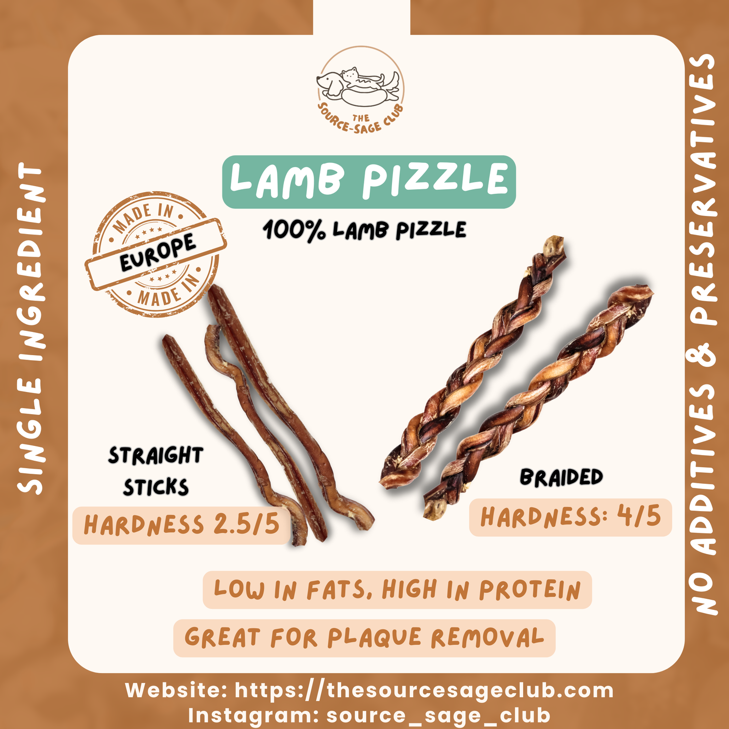Air Dried Straight/ Braided Lamb Pizzle Bully Stick (single ingredient dog treats, dog dental chew)