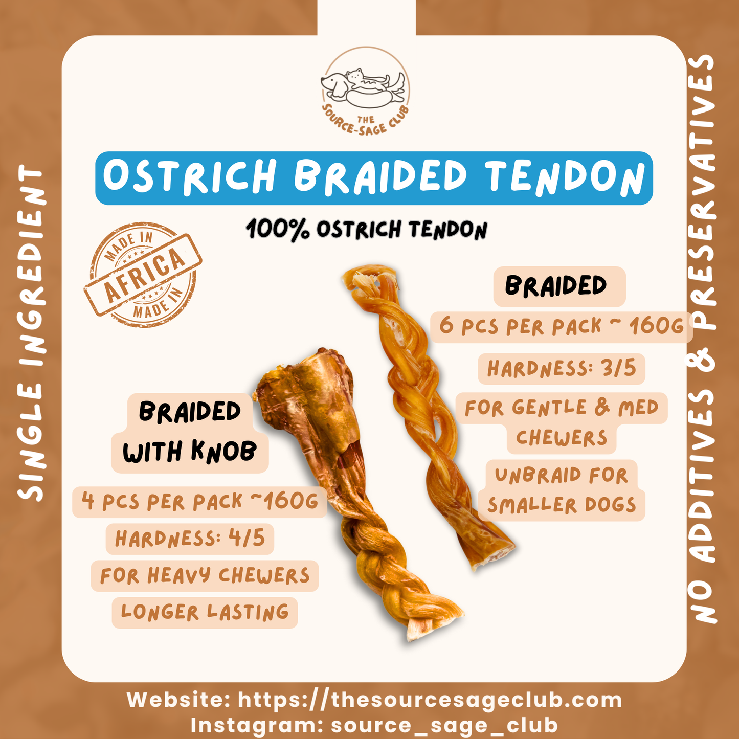 Air Dried Braided Ostrich Tendon (single ingredient dog treats, dog dental chew) Sourcesage Club