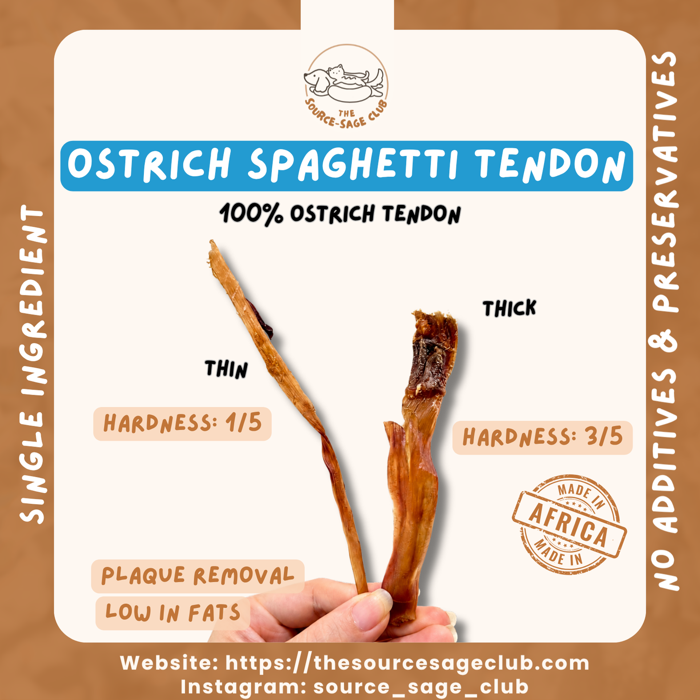 Ostrich Spaghetti Tendon (single ingredient dog treats, dog dental chew)