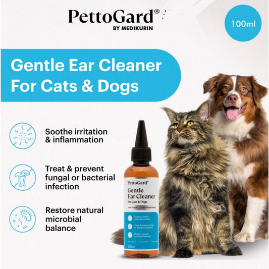 PettoGard Gentle Ear Cleaner For Cats & Dogs 100ml (Water-Based & Optimized pH for irritation and inflammation ear)